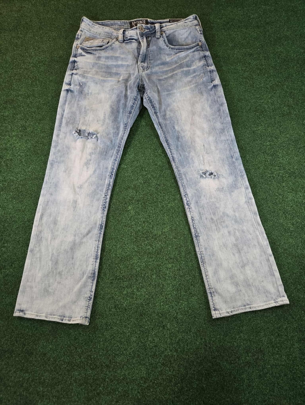 Salvage Supply Co Mayhem Men’s 34R Bootcut Whiskered Distressed Light Wash Jeans